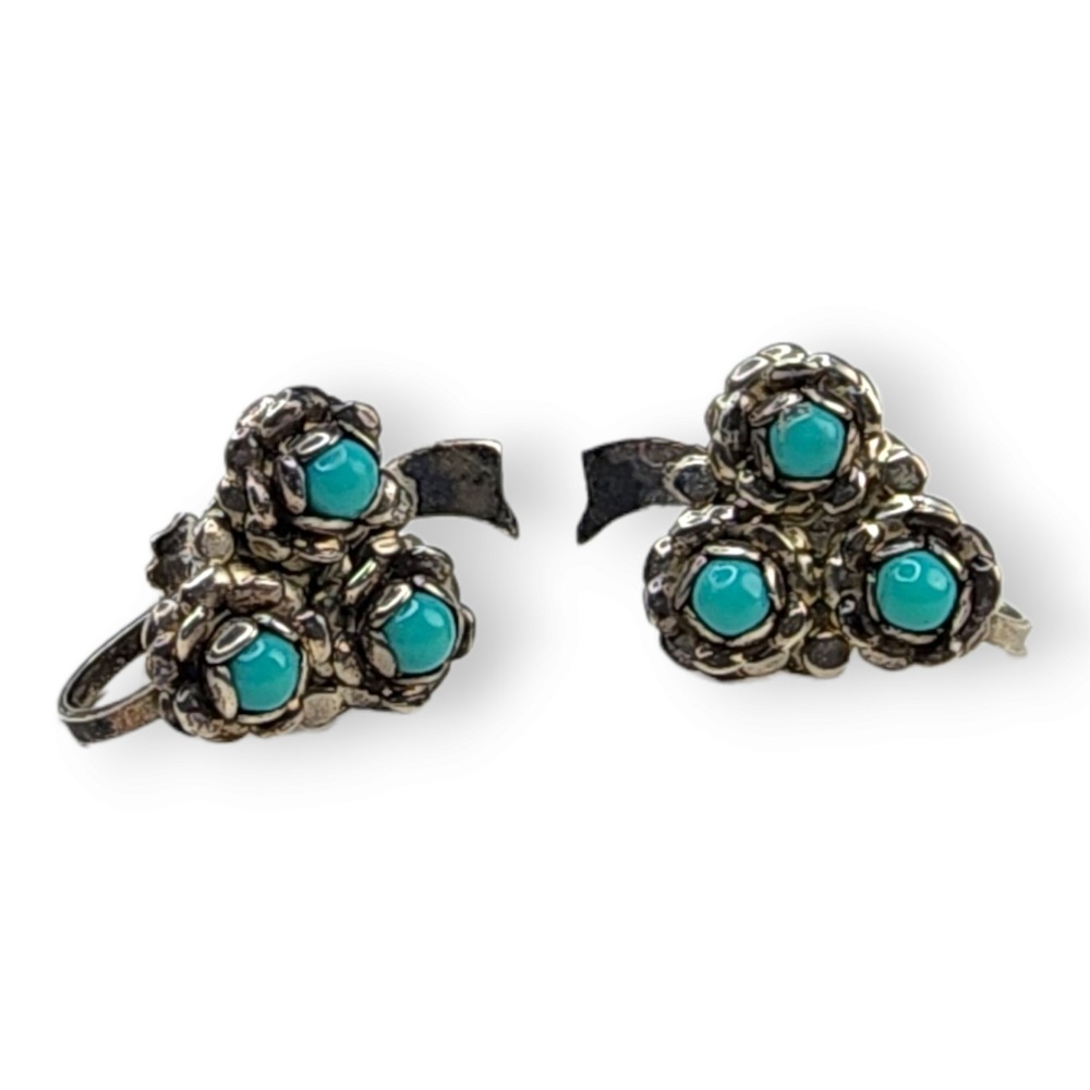 Vintage Screwback Earrings Sterling Silver 925 OS Turquoise Flower Leaf Blue - Picture 4 of 6